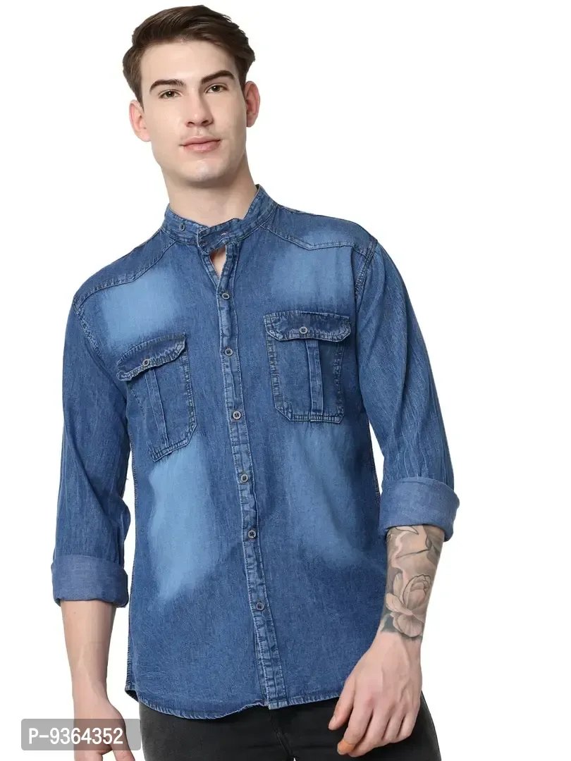 Buy Roadster Men Blue Regular Fit Solid Casual Denim Mandarin Collar Shirt  - Shirts for Men 2383657 | Myntra